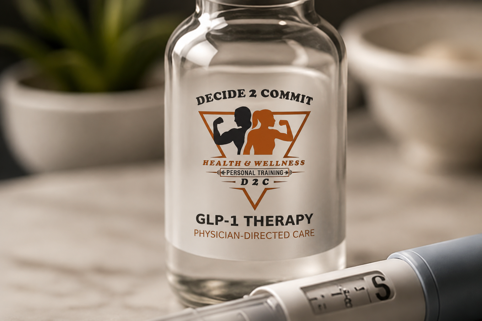 GLP-1 therapy vial with Decide 2 Commit branding